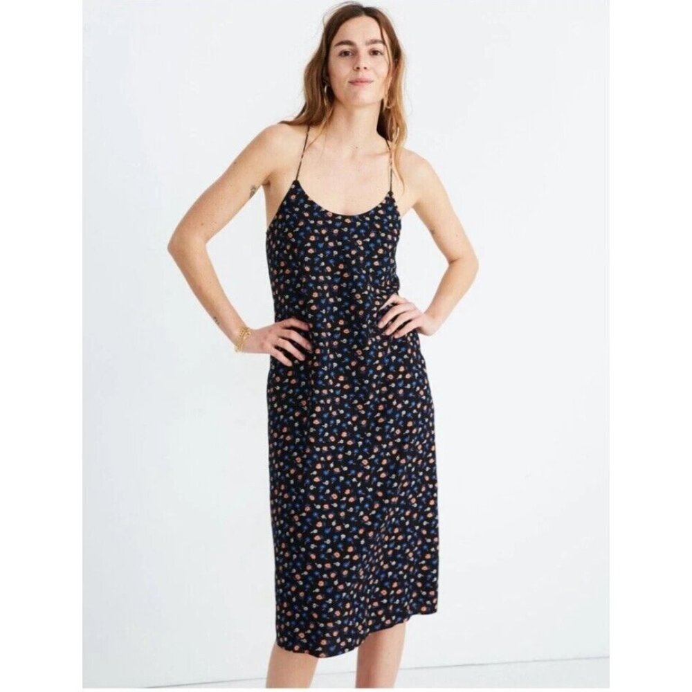 Madewell Midi Dress Womens 12 Black Floral Tie Back Slip Prairie Posies Sundress